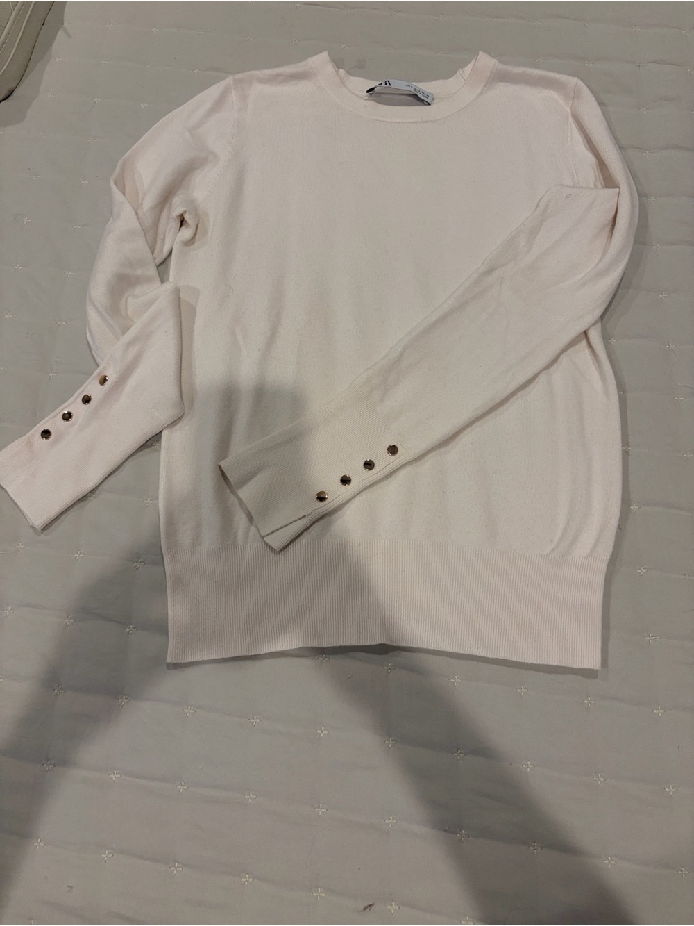 Zara Cream Crewneck Sweater with Gold-Tone Cuff Buttons - Cashmere